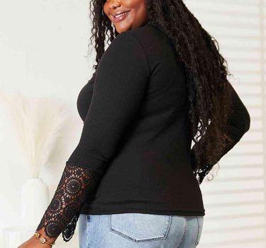 Double Take Crochet Lace Hem Sleeve Button Top