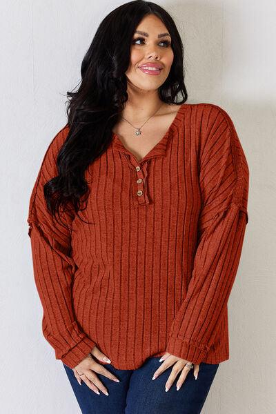 Basic Bae Full Size Ribbed Half Button Long Sleeve T-Shirt - Three Mad Hatters Mercantile 