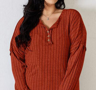 Basic Bae Full Size Ribbed Half Button Long Sleeve T-Shirt
