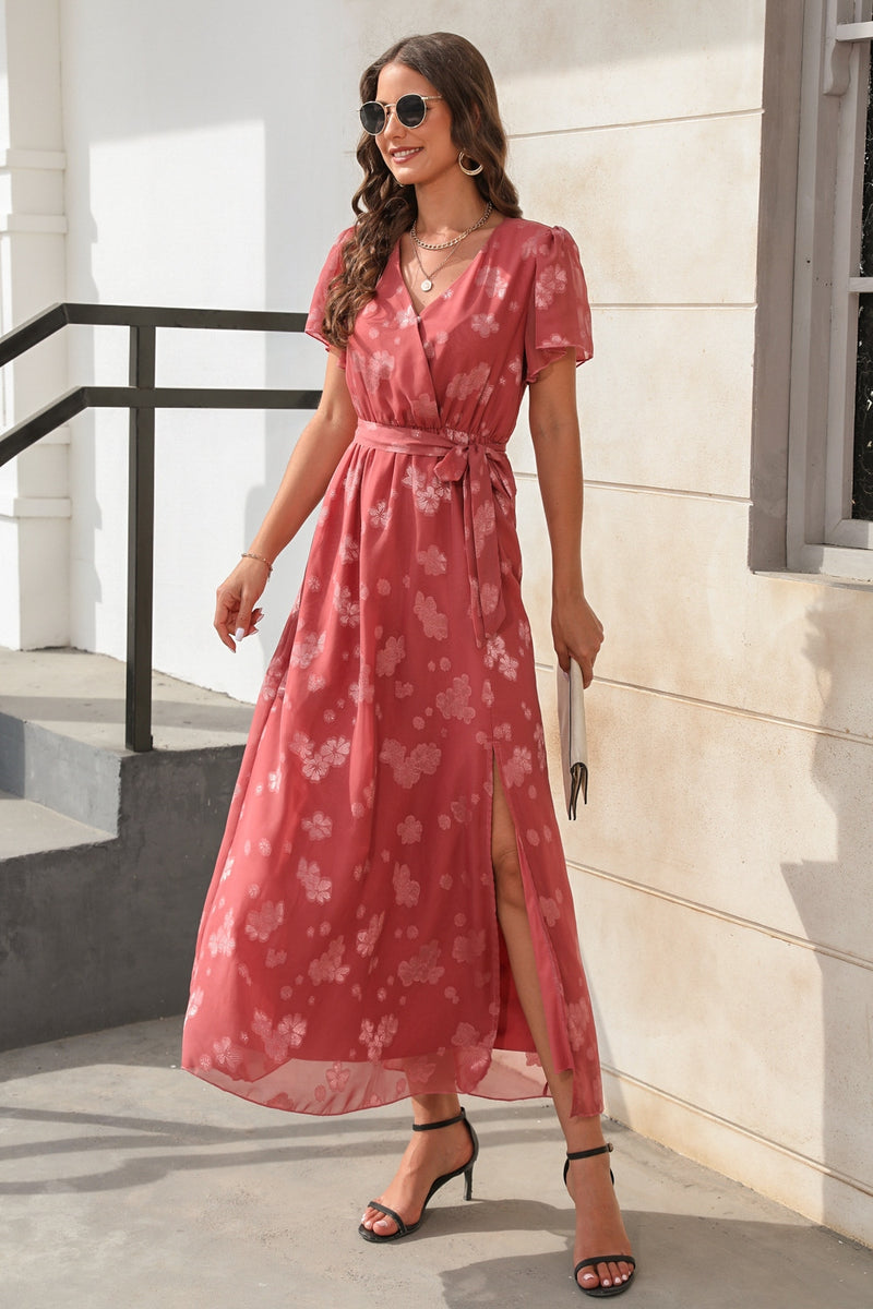 Slit Tied Floral Short Sleeve Dress Womens Maxi Dress   