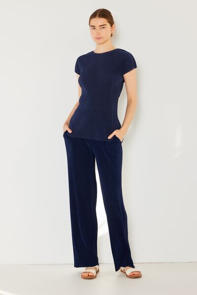 Marina West Swim Rib Pleated Elastic-Waist Wide Leg Pants  Navy S 