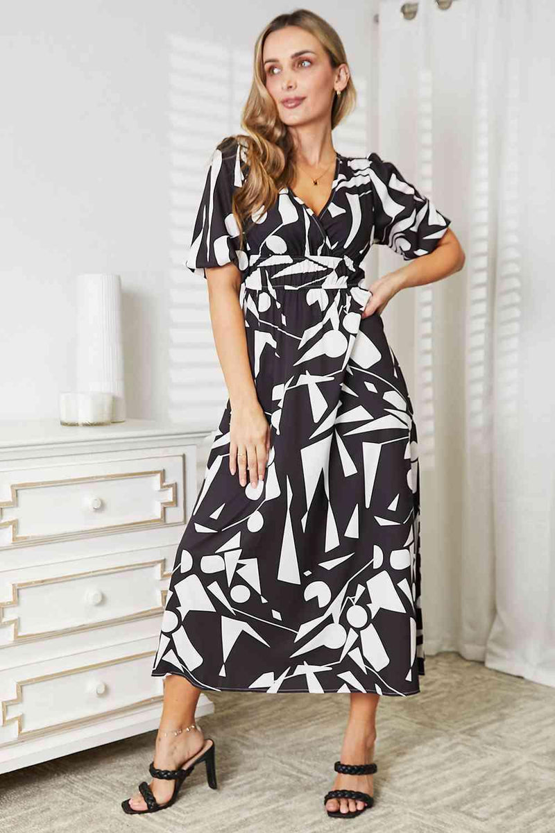Double Take Printed Surplice Balloon Sleeve Dress - Three Mad Hatters Mercantile 