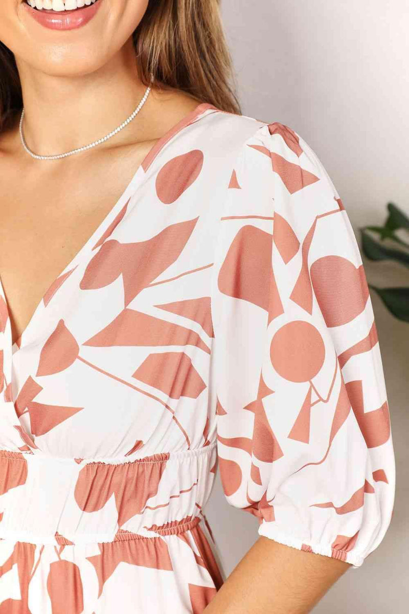 Double Take Printed Surplice Balloon Sleeve Dress - Three Mad Hatters Mercantile 