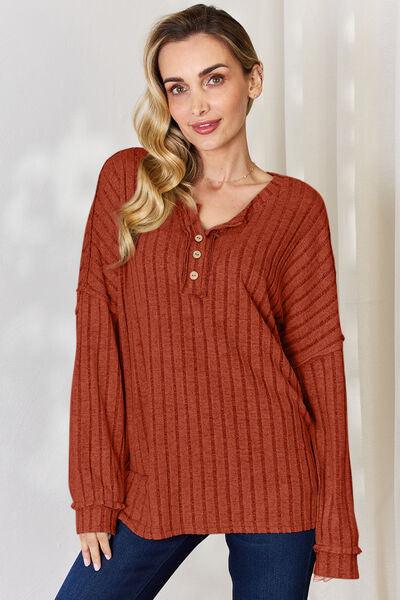 Basic Bae Full Size Ribbed Half Button Long Sleeve T-Shirt - Three Mad Hatters Mercantile 