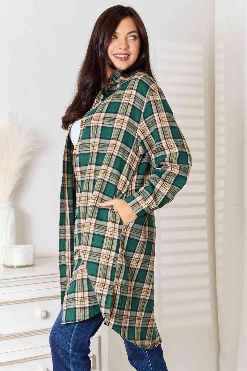 Double Take Plaid Collared Neck Long Sleeve Shirt - Three Mad Hatters Mercantile 