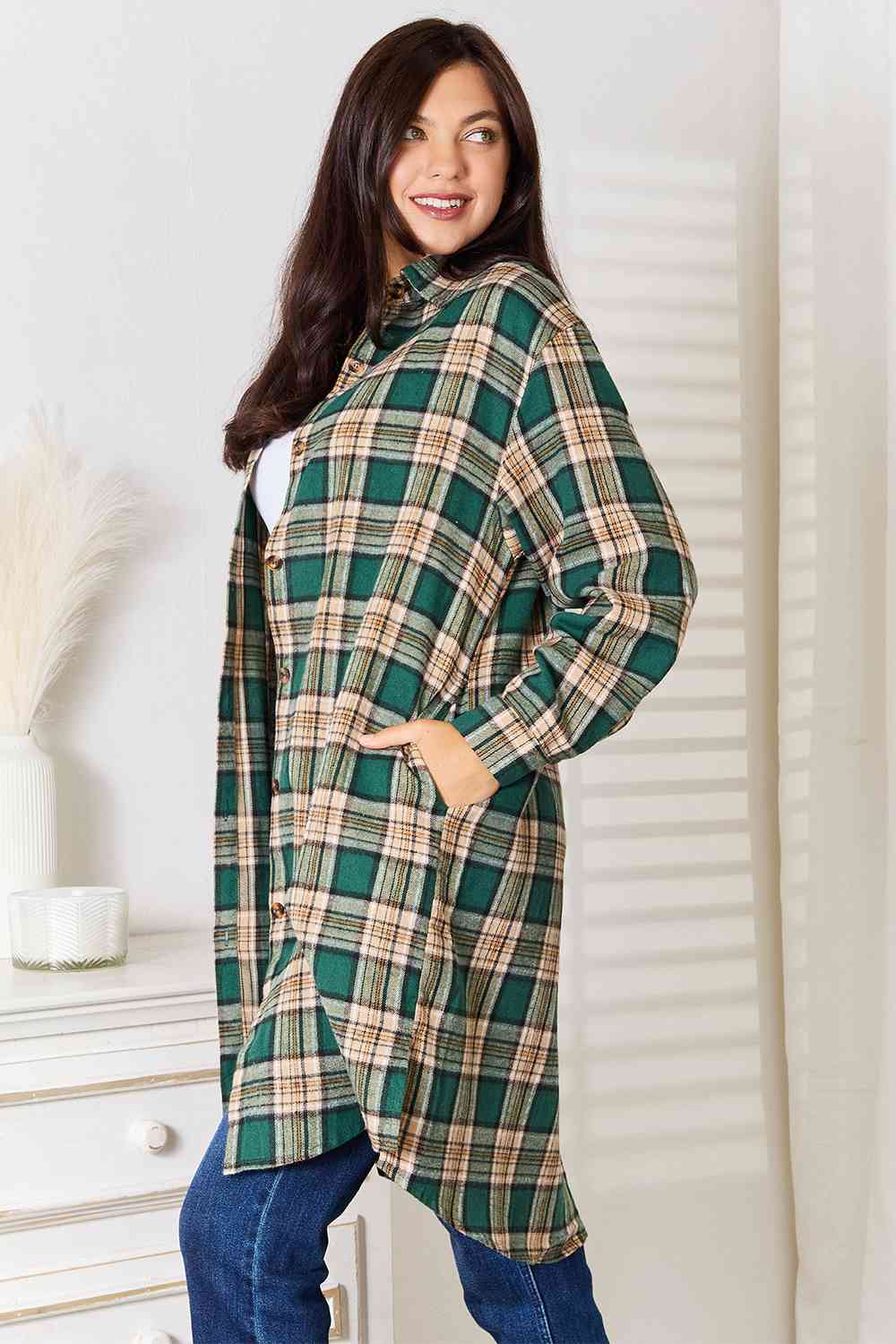 Double Take Plaid Collared Neck Long Sleeve Shirt    