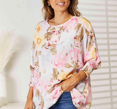 Double Take Floral Round Neck Three-Quarter Sleeve Top
