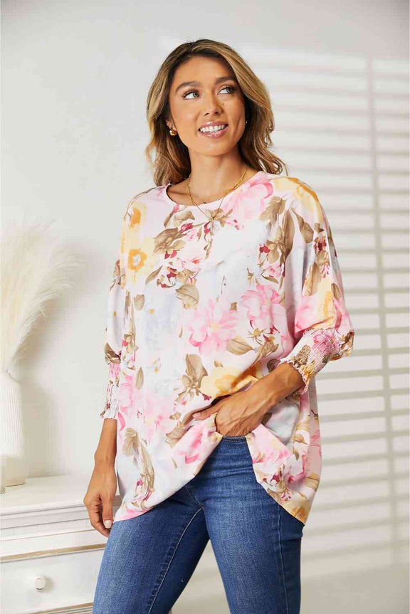 Double Take Floral Round Neck Three-Quarter Sleeve Top Womens Blouse   