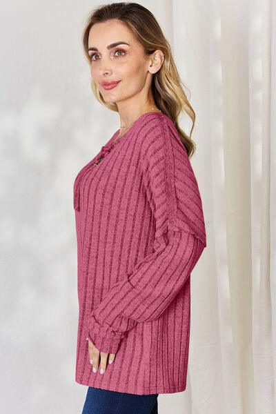 Basic Bae Full Size Ribbed Half Button Long Sleeve T-Shirt - Three Mad Hatters Mercantile 