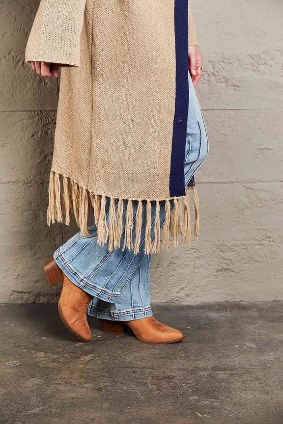 Double Take Geometric Fringe Hem Open Front Duster Cardigan Duster Cardigan   