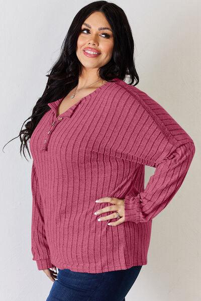 Basic Bae Full Size Ribbed Half Button Long Sleeve T-Shirt - Three Mad Hatters Mercantile 