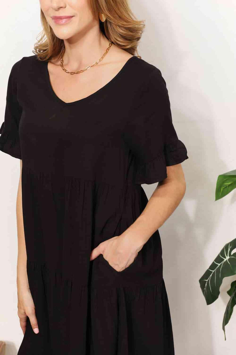 Double Take V-Neck Flounce Sleeve Tiered Dress - Three Mad Hatters Mercantile 