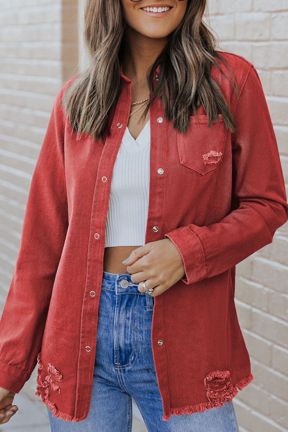 Distressed Raw Hem Snap Down Denim Jacket Womens Denim Jacket Brick Red S 