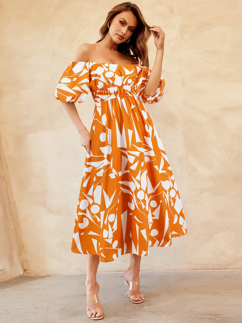 Printed Off-Shoulder Balloon Sleeve Dress Womens Midi Dress   