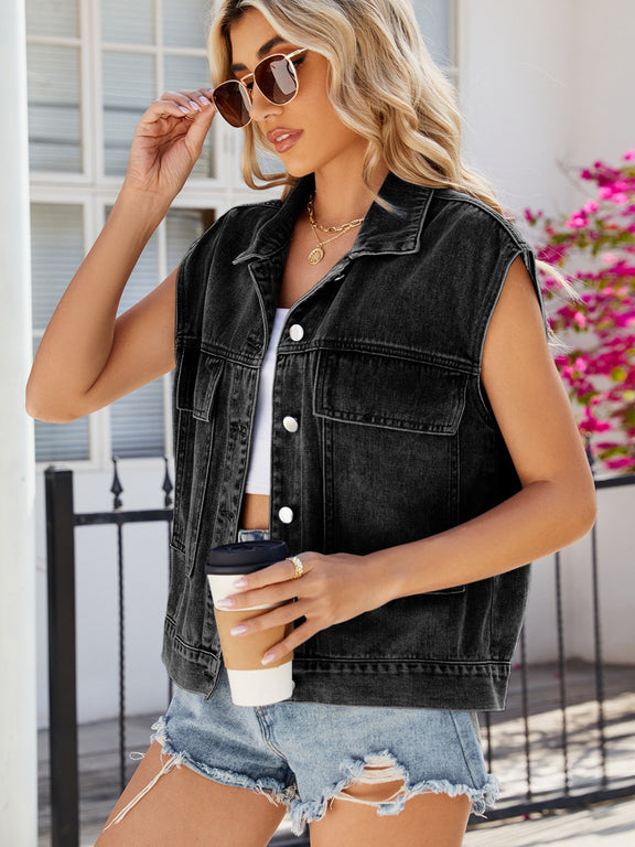 Pocketed Button Up Sleeveless Denim Jacket Womens Sleeveless Denim Jacket   