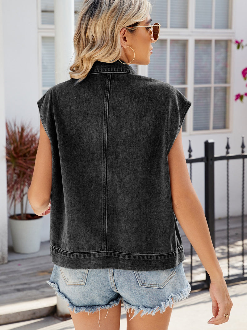 Pocketed Button Up Sleeveless Denim Jacket Womens Sleeveless Denim Jacket   