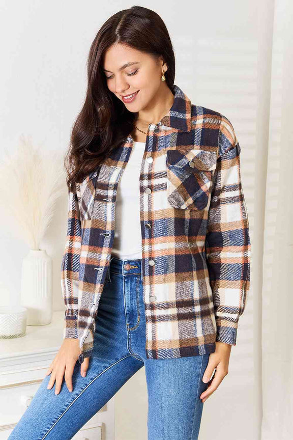 Double Take Plaid Button Front Shirt Jacket with Breast Pockets Shacket   