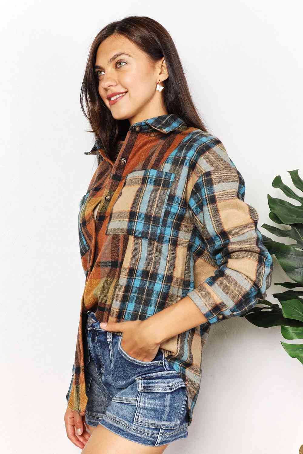 Double Take Plaid Curved Hem Shirt Jacket with Breast Pockets Shacket   