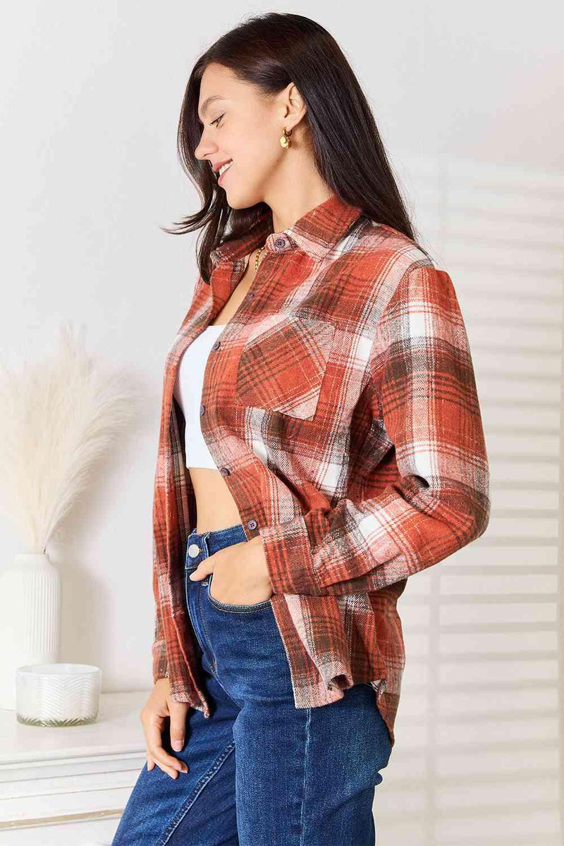 Double Take Plaid Collared Neck Long Sleeve Shirt - Three Mad Hatters Mercantile 