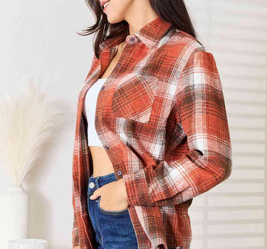 Double Take Plaid Collared Neck Long Sleeve Shirt