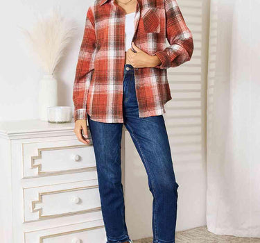 Double Take Plaid Collared Neck Long Sleeve Shirt