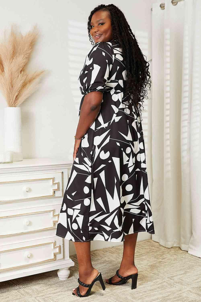 Double Take Printed Surplice Balloon Sleeve Dress - Three Mad Hatters Mercantile 