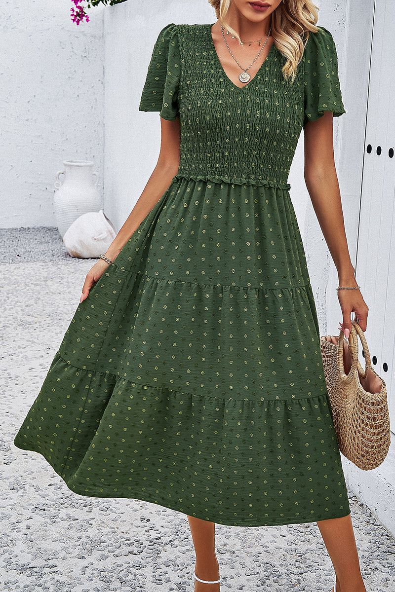 Swiss Dot Short Sleeve Smocked Dress Womens Midi Dress Moss S 