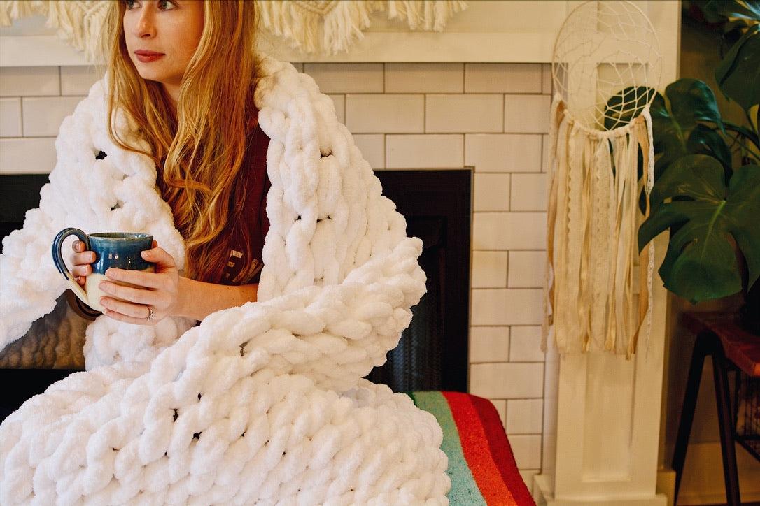 Chunky Knit Blanket in White - Three Mad Hatters Mercantile 