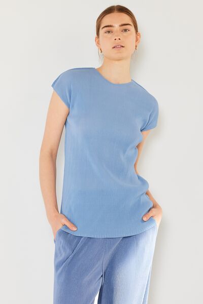 Marina West Swim Rib Pleated Cap Sleeve Top Womens Blouse Periwinkle S/M 