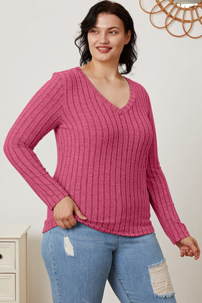 Basic Bae Full Size Ribbed V-Neck Long Sleeve T-Shirt    