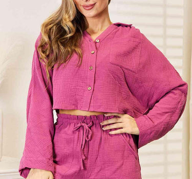 Basic Bae Buttoned Long Sleeve Top and Shorts Set