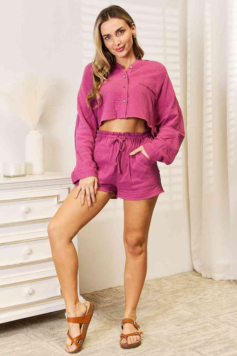 Basic Bae Buttoned Long Sleeve Top and Shorts Set - Three Mad Hatters Mercantile 
