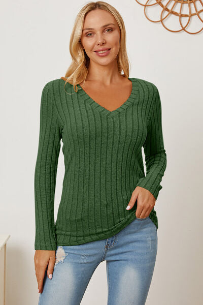 Basic Bae Full Size Ribbed V-Neck Long Sleeve T-Shirt    