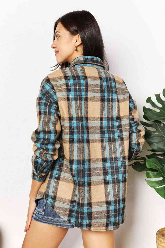 Double Take Plaid Curved Hem Shirt Jacket with Breast Pockets Shacket   