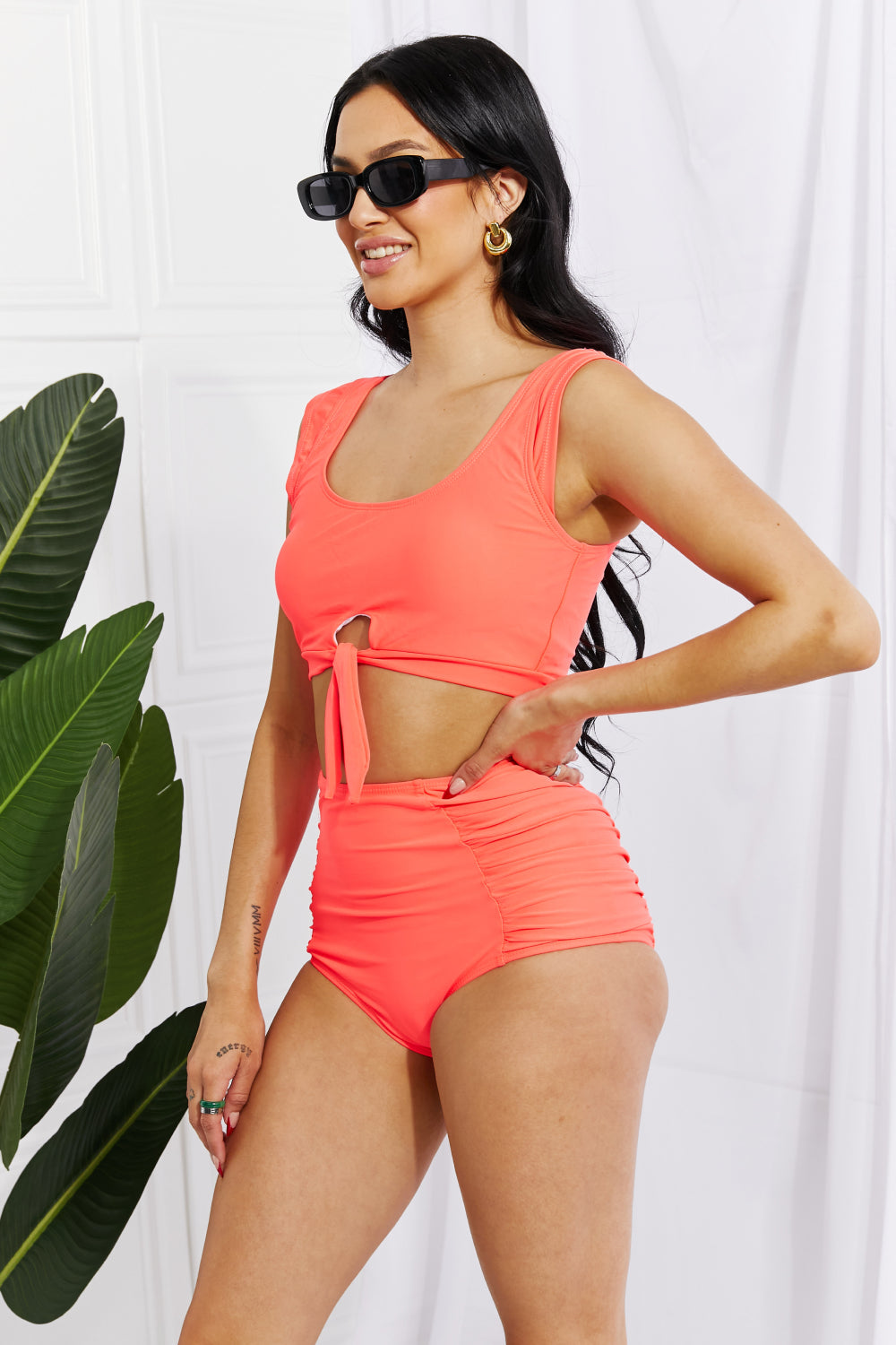 Marina West Swim Sanibel Crop Swim Top and Ruched Bottoms Set in Coral Womens Swimsuit   