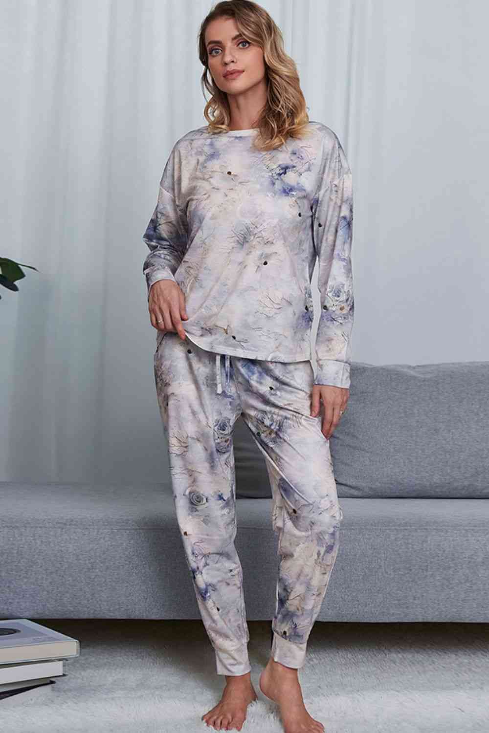 Tie-Dye Crewneck Top and Drawstring Waist Joggers Lounge Set Lounge Set Misty  Blue S 