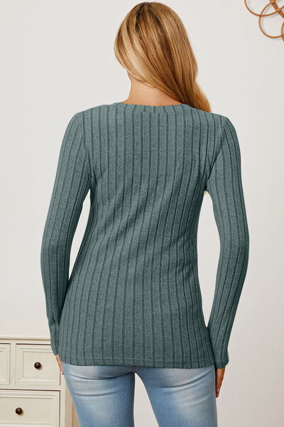 Basic Bae Full Size Ribbed V-Neck Long Sleeve T-Shirt    