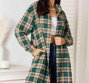 Double Take Plaid Collared Neck Long Sleeve Shirt