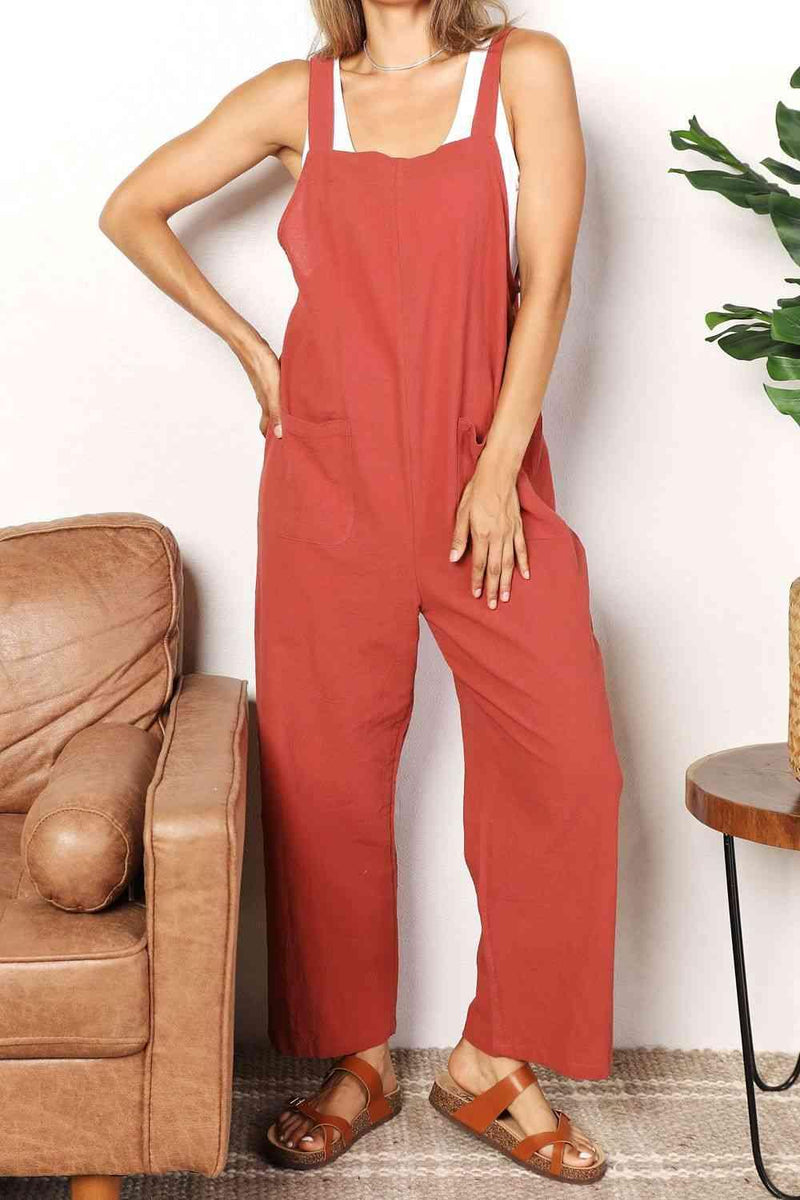 Double Take Wide Leg Overalls with Front Pockets - Three Mad Hatters Mercantile 