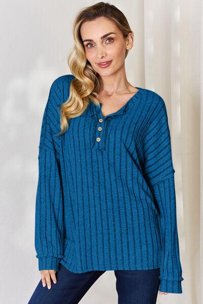 Basic Bae Full Size Ribbed Half Button Long Sleeve T-Shirt - Three Mad Hatters Mercantile 