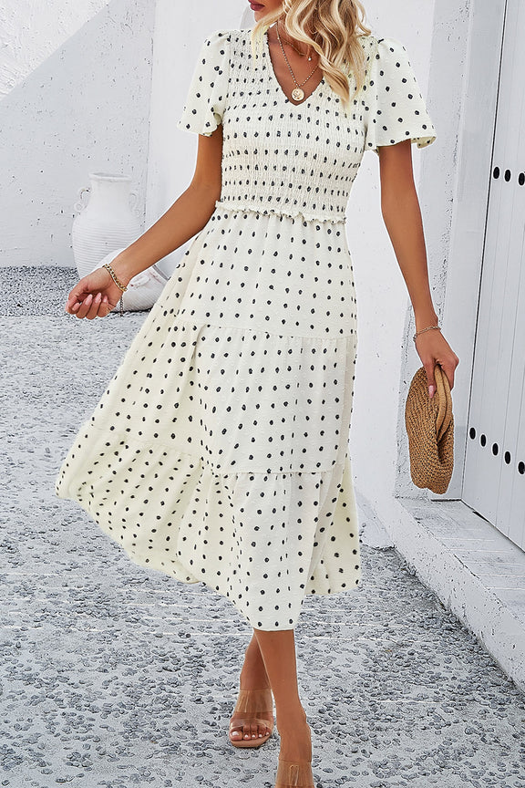 Swiss Dot Short Sleeve Smocked Dress Womens Midi Dress   