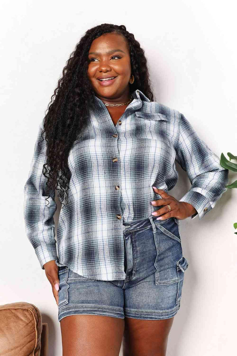 Double Take Plaid Dropped Shoulder Shirt - Three Mad Hatters Mercantile 
