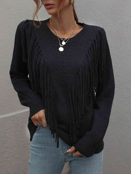 Double Take Fringe Detail Ribbed Trim Sweater Sweater Black S 