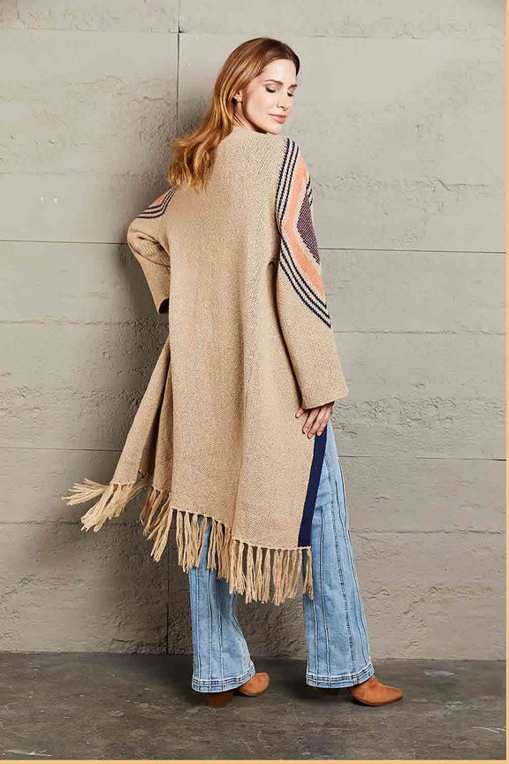 Double Take Geometric Fringe Hem Open Front Duster Cardigan Duster Cardigan   