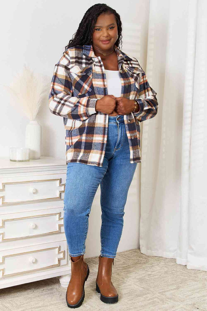 Double Take Plaid Button Front Shirt Jacket with Breast Pockets Shacket   