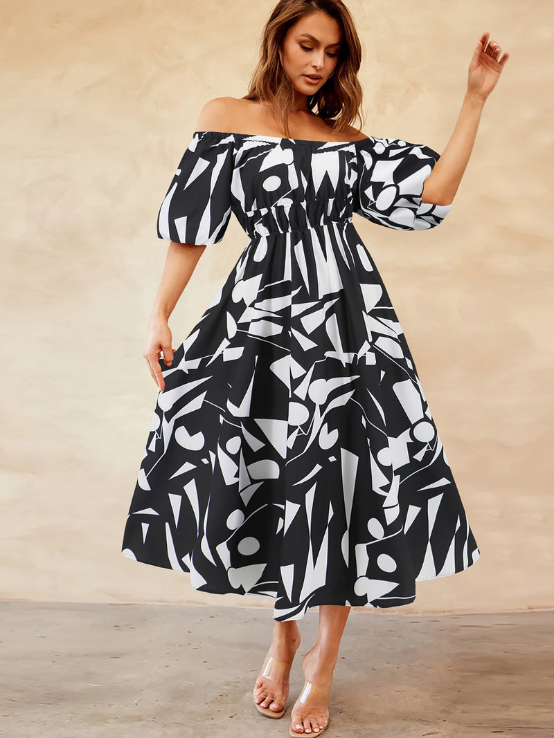 Printed Off-Shoulder Balloon Sleeve Dress Womens Midi Dress   