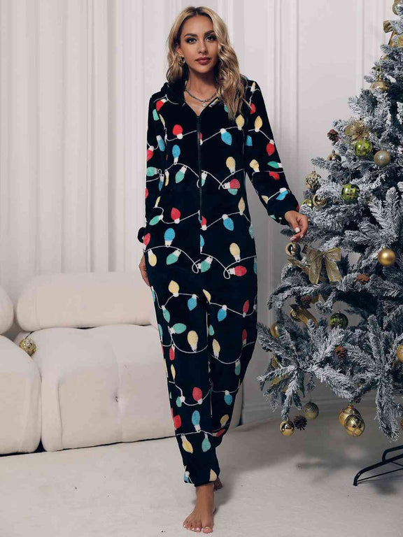 Zip Front Hooded Lounge Jumpsuit with Pockets Lounge Set   