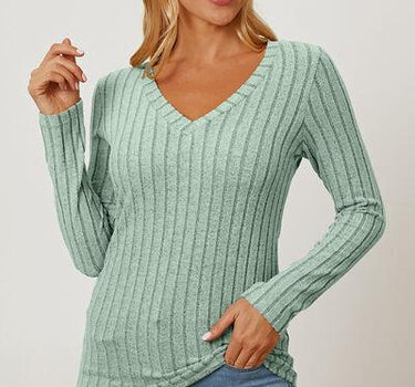 Basic Bae Full Size Ribbed V-Neck Long Sleeve T-Shirt