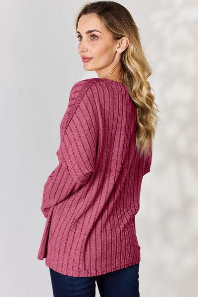 Basic Bae Full Size Ribbed Half Button Long Sleeve T-Shirt - Three Mad Hatters Mercantile 