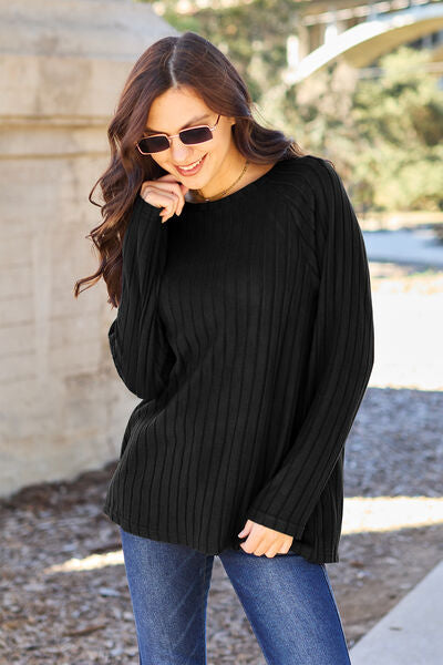 Basic Bae Full Size Ribbed Round Neck Long Sleeve Knit Top Womens Long Sleeve Shirt Black S 